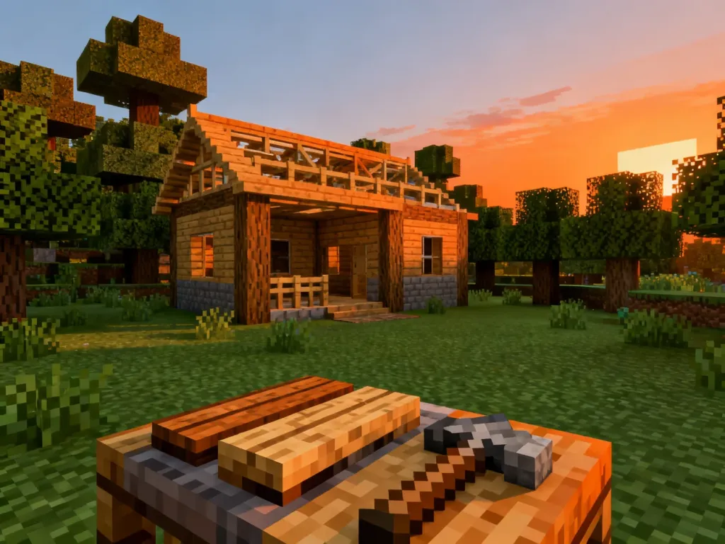 Drewniany dom w budowie w lesie Minecrafta z widocznym stołem rzemieślniczym i narzędziami na pierwszym planie.