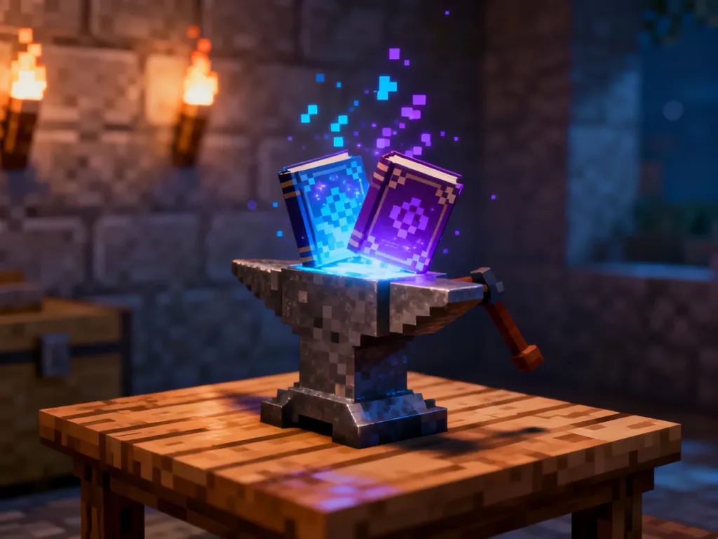 Kowadło w Minecraft używane do łączenia dwóch zaklętych ksiąg, otoczone magicznymi cząsteczkami.