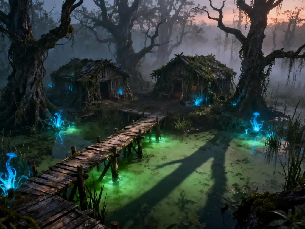 Mroczny obóz na bagnie w grze Gothic Remake, z drewnianymi pomostami i chatami skrytymi w gęstej, magicznej mgle.