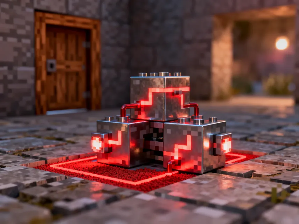Mechanizm z czerwonego kamienia (redstone) na kamiennym podłożu, przygotowany do uruchomienia automatycznych drzwi.
