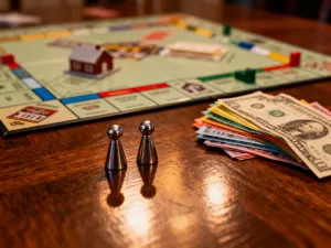 Karta własności z gry Monopoly leżąca na stole obok kolorowych domków i hoteli, w otoczeniu elementów planszy.