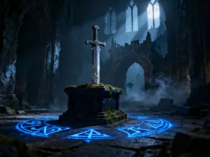 Stary miecz wbity w ziemię oraz świecąca runa w mrocznym lesie, nawiązujące do klimatu gry Gothic 2.