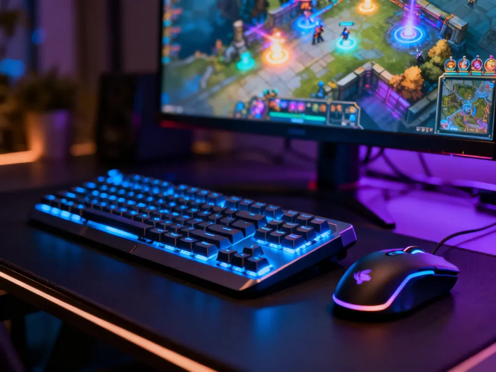 Profesjonalna klawiatura i mysz gamingowa na tle monitora z mapą gry typu MOBA w neonowym oświetleniu.