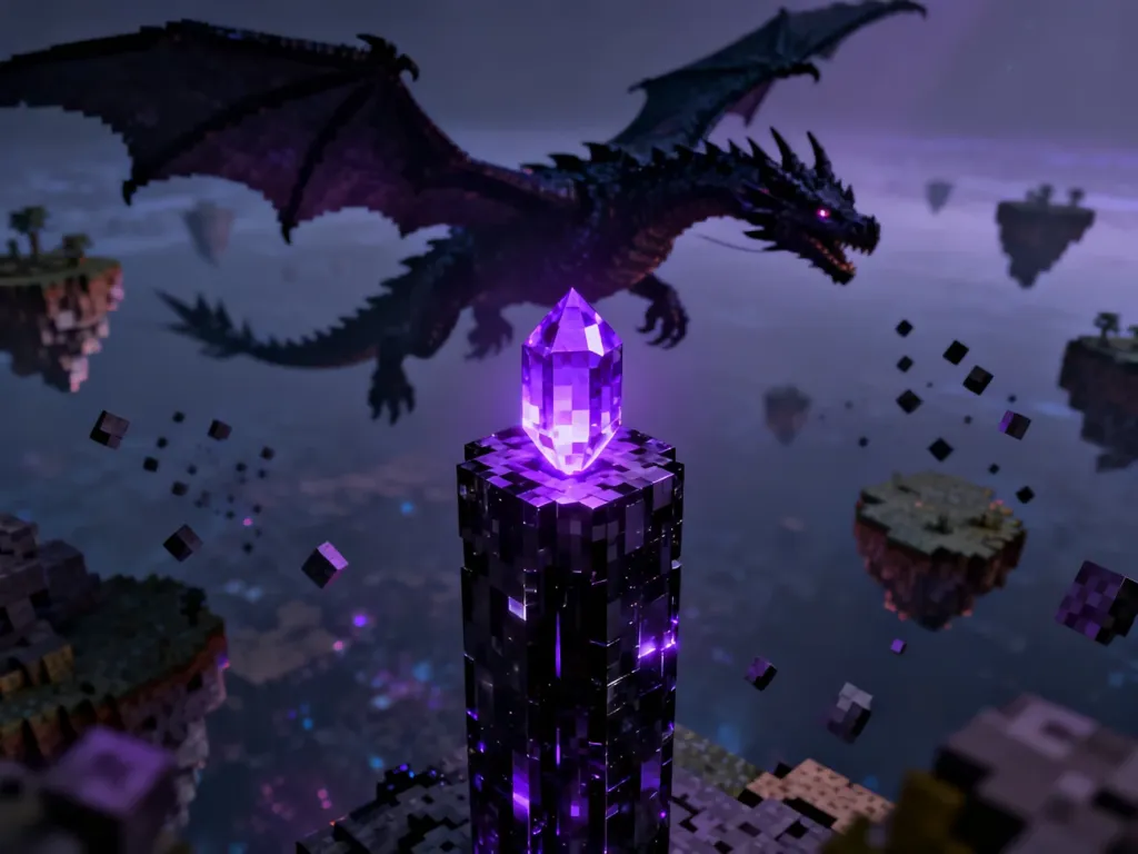 Obsydianowy filar z kryształem Endu w wymiarze Endu, nad którym szybuje smok w mrocznej scenerii Minecrafta.
