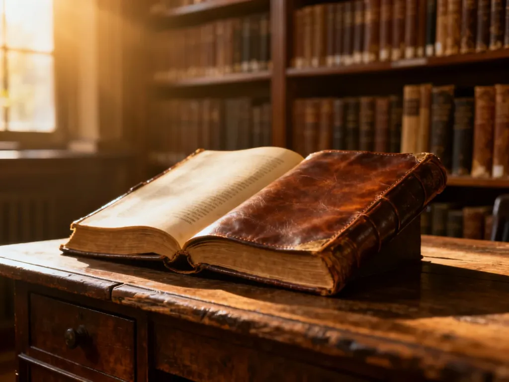 Otwarta, starodawna księga na drewnianym biurku w bibliotece, symbolizująca proces zdobywania wiedzy i odkrywania treści.