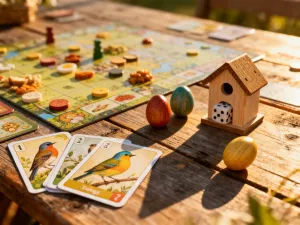 Rozłożone karty do gry fantasy na drewnianym stole w klimatycznym oświetleniu, symbolizujące strategiczną rozgrywkę.
