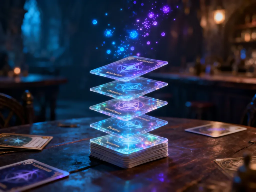 Wizualizacja stosu kart w Magic: The Gathering Arena, przedstawiająca ułożone pionowo magiczne zaklęcia i efekty.