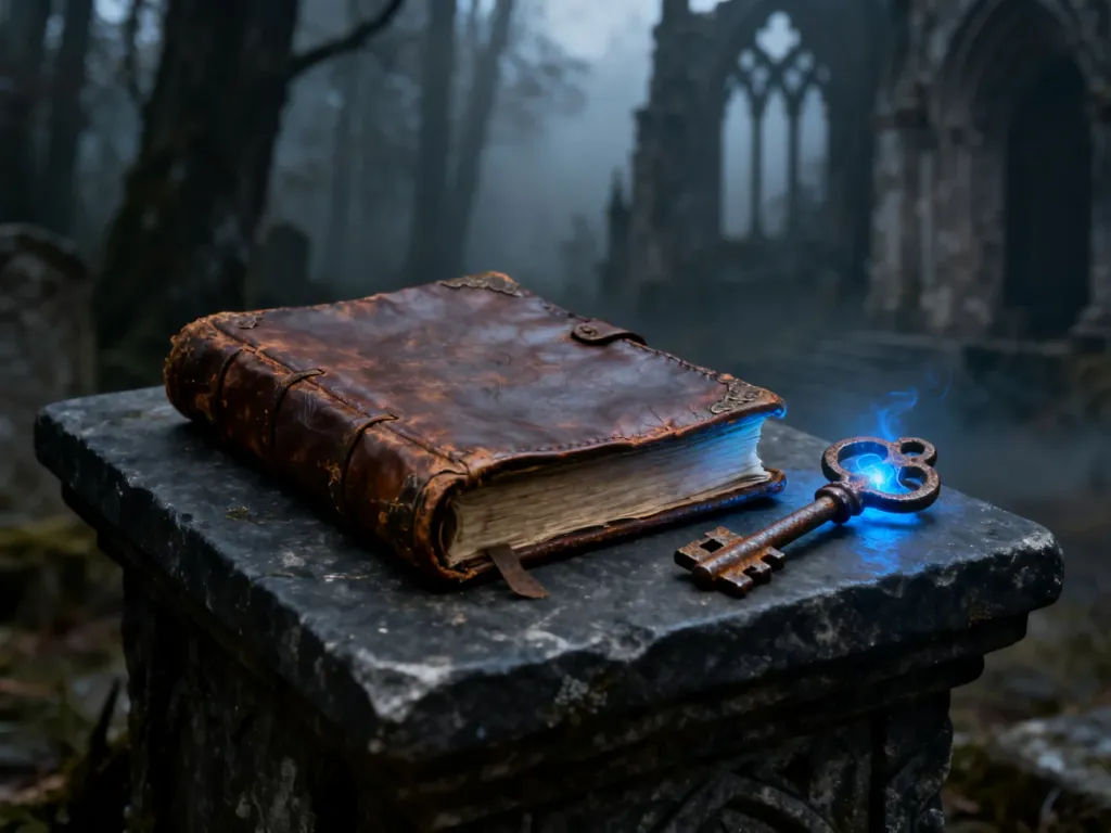 Stary dziennik, zardzewiały klucz i magiczny artefakt na kamiennym ołtarzu w mrocznej, gotyckiej scenerii.