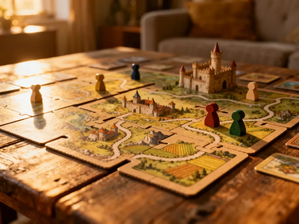 Rozłożona gra planszowa Carcassonne na drewnianym stole z kolorowymi pionkami ustawionymi na kafelkach z krajobrazem.