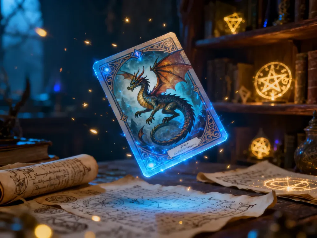 Magiczna karta z wizerunkiem smoka lewitująca w nastrojowym gabinecie czarodzieja.
