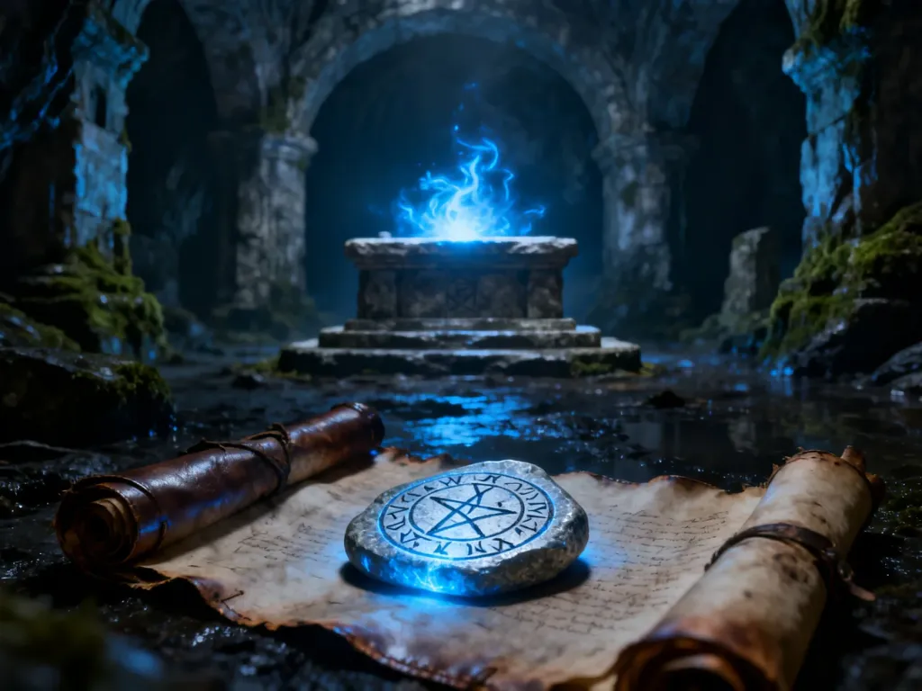 Starożytny ołtarz i świecąca runa w mrocznej jaskini, symbolizujące magiczną moc maga wody w grze Gothic 2 Returning.