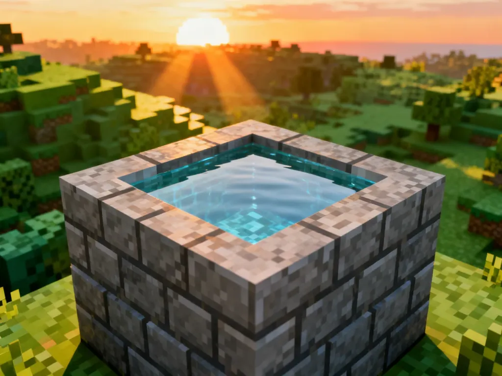 Kamienna konstrukcja z nieskończonym źródłem wody w Minecraft na tle malowniczego krajobrazu o zachodzie słońca.