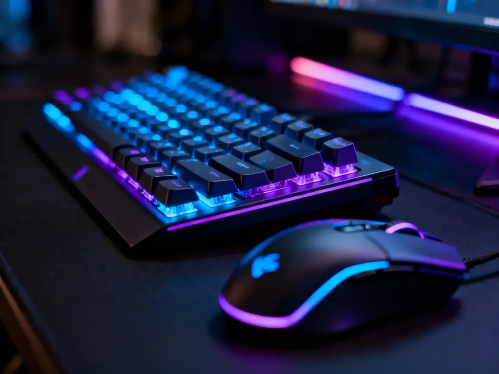 Podświetlana klawiatura mechaniczna i mysz gamingowe w ciemnym pokoju, gotowe do rozgrywki PvP.