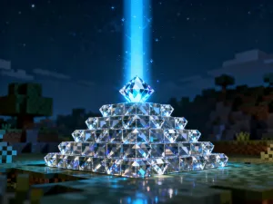 Świecący diamentowy miecz leżący na drewnianym stole rzemieślniczym w świecie Minecrafta.