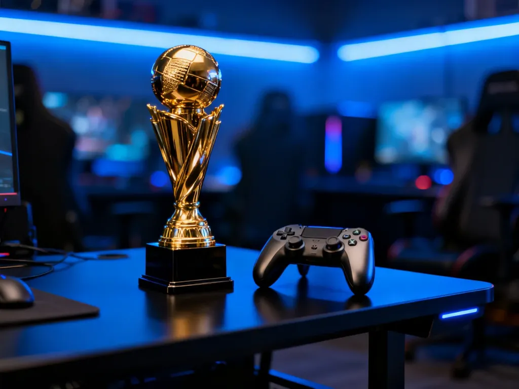 Złote trofeum i kontroler na gamingowym biurku, symbolizujące osiągnięcie stuprocentowego postępu w grze.