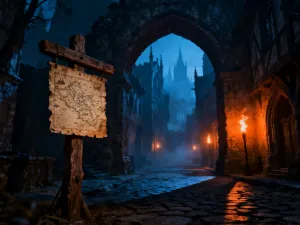 Ozdobny kostur nekromanty z fioletowym kryształem na ołtarzu w ruinach starożytnej świątyni w mrocznym klimacie dark fantasy.