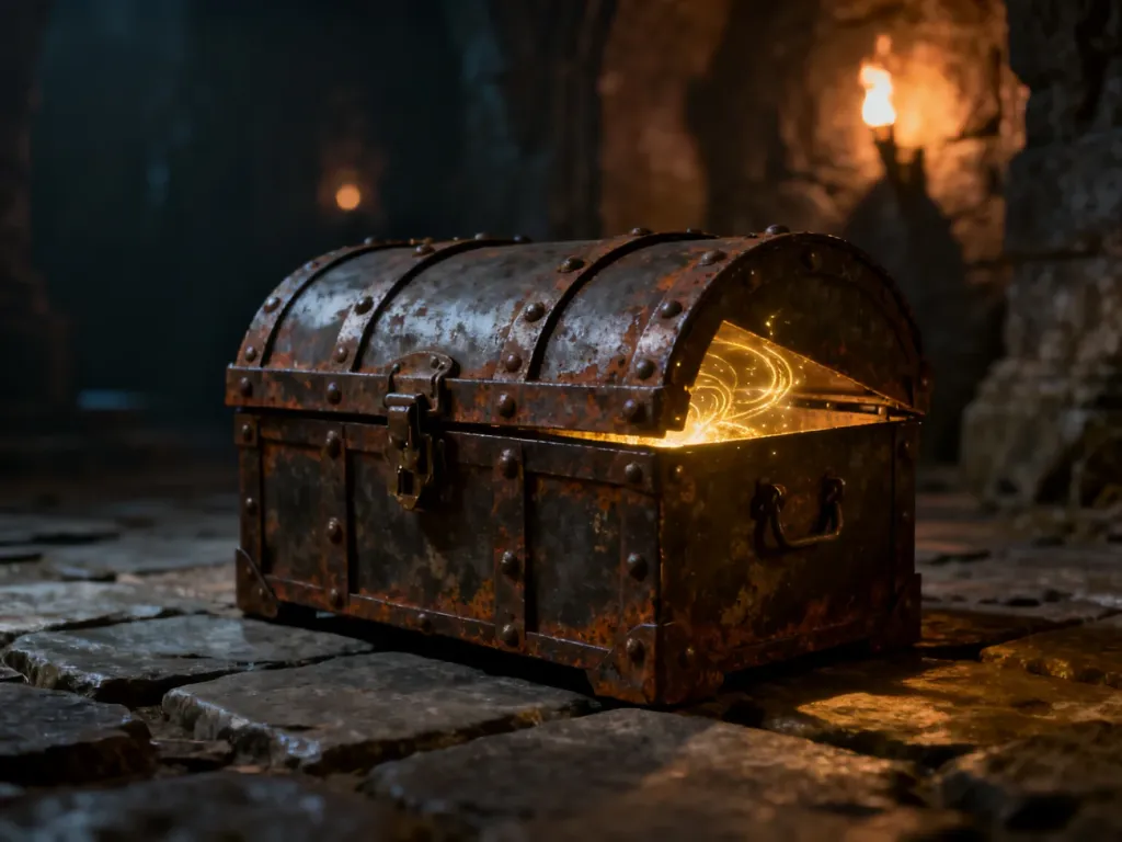 Otwarta, żelazna skrzynia skarbów w mrocznym lochu, z której wydobywa się magiczna, złota poświata.