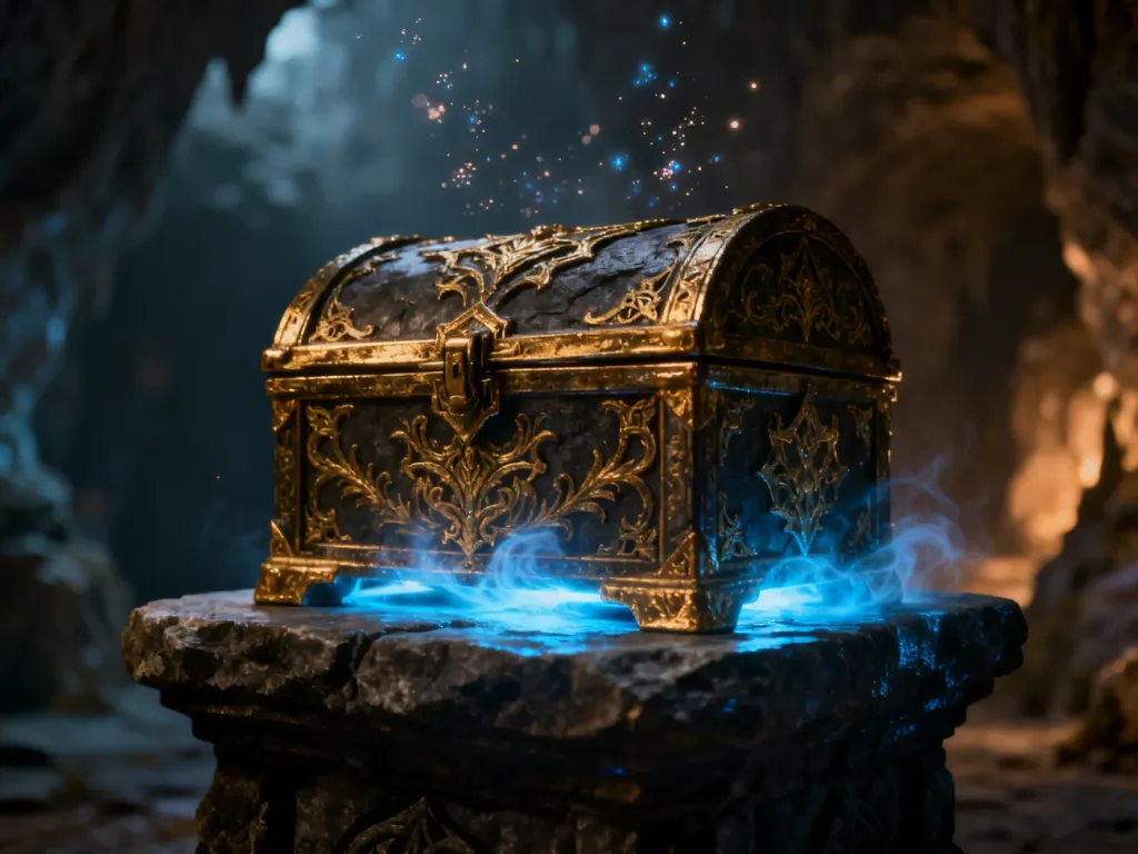 Legendarna, świecąca skrzynia skarbów na kamiennym postumencie w mrocznym lochu fantasy.