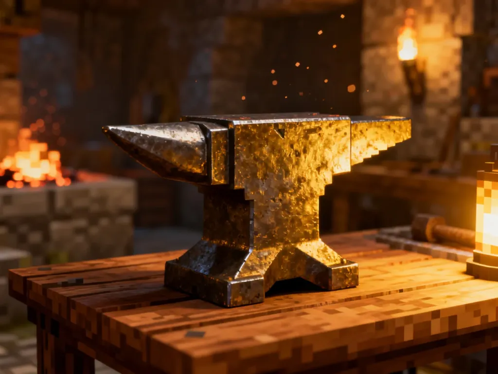 Kowadło z Minecrafta na drewnianym stole warsztatowym w klimatycznym, oświetlonym pochodniami wnętrzu.