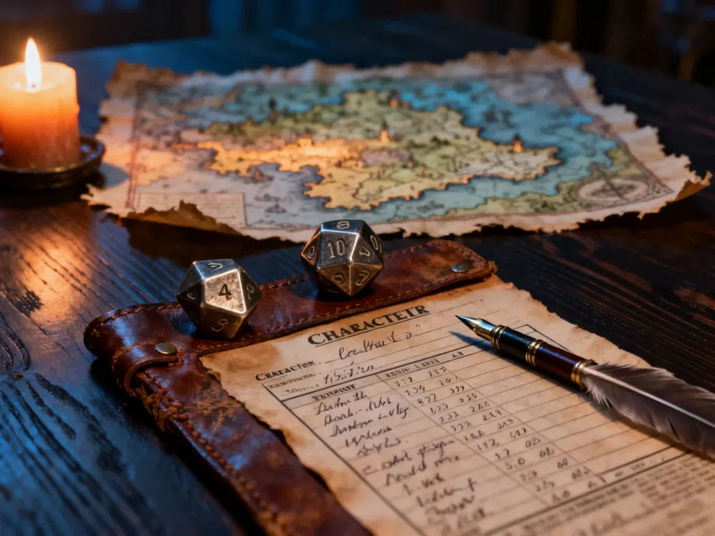 Karta postaci z notatkami, kością do gry i piórem na drewnianym stole, wprowadzająca w klimat gry RPG.