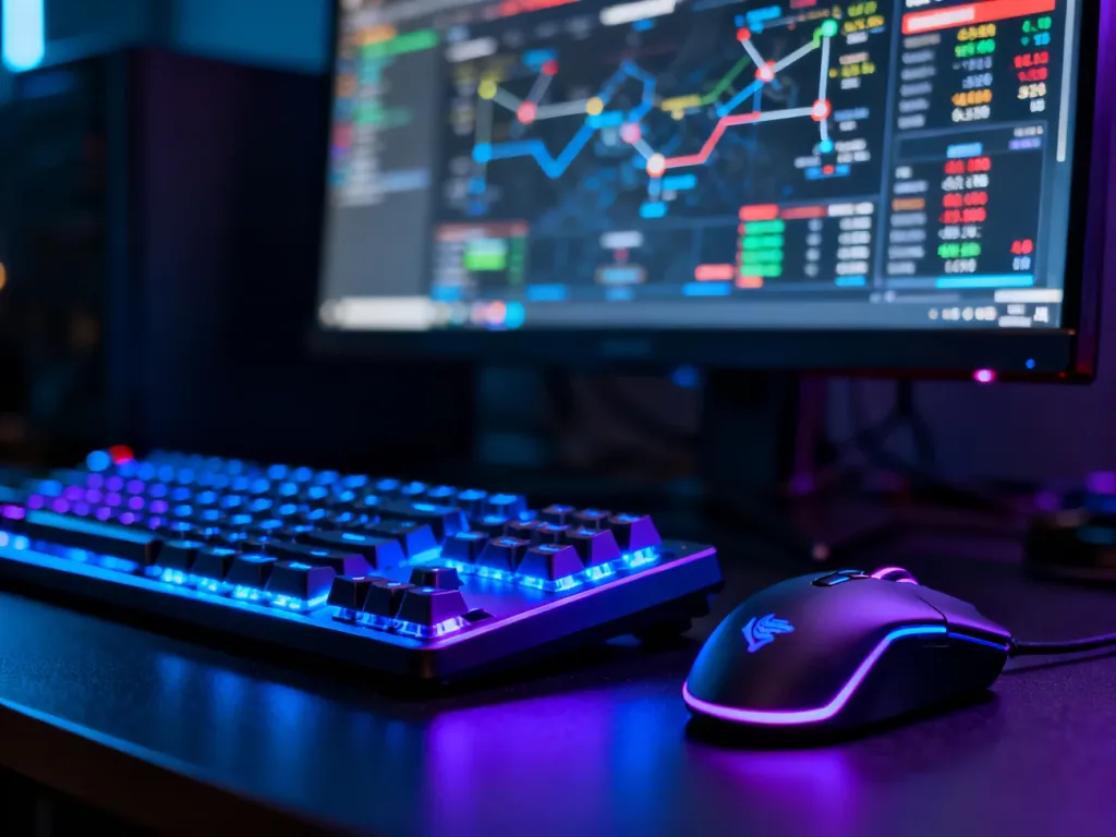 Profesjonalny zestaw gamingowy z podświetlaną klawiaturą i myszką na tle wykresów statystyk z gry e-sportowej.