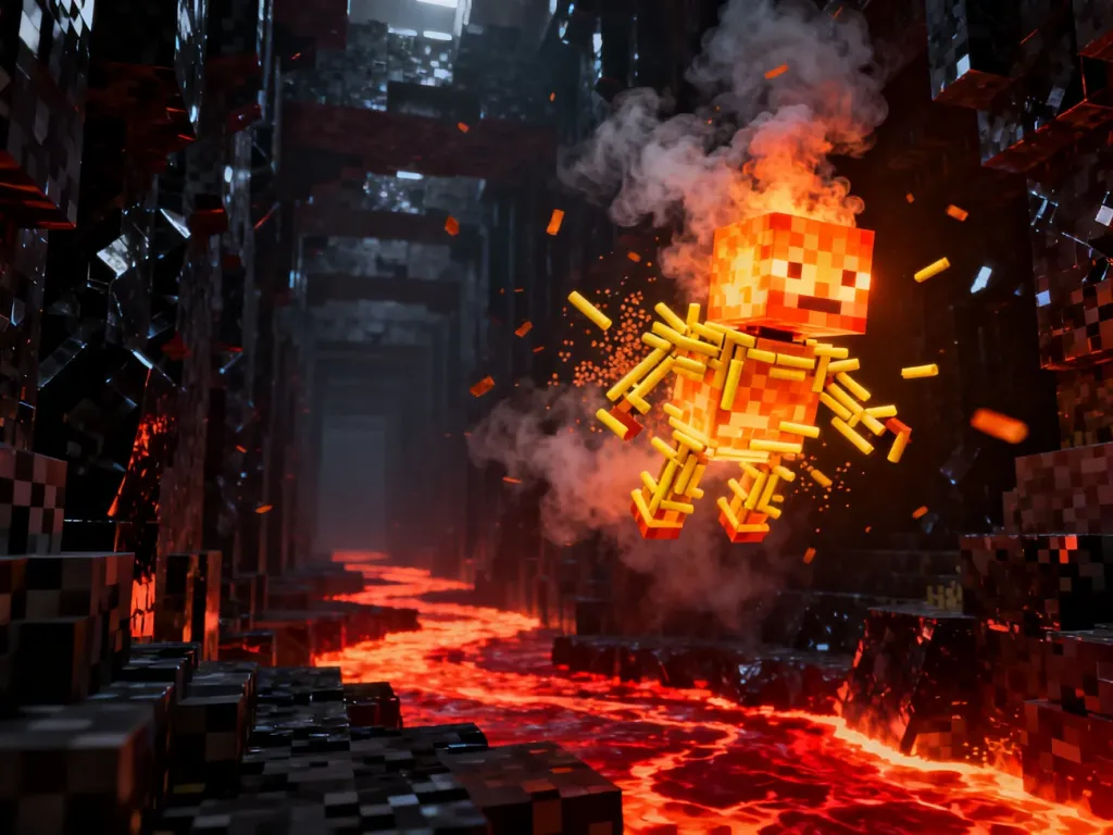 Blaze unoszący się w korytarzu netherowej fortecy, otoczony płomieniami i dymem w mrocznej scenerii Minecrafta.