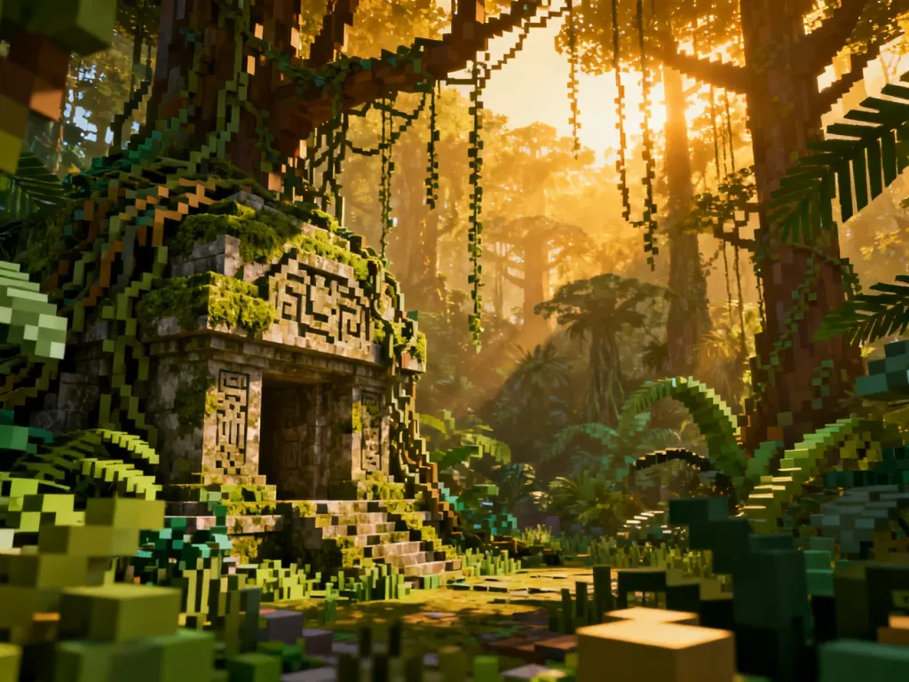 Zarośnięta mchem kamienna świątynia ukryta w gęstej dżungli w grze Minecraft o zachodzie słońca.