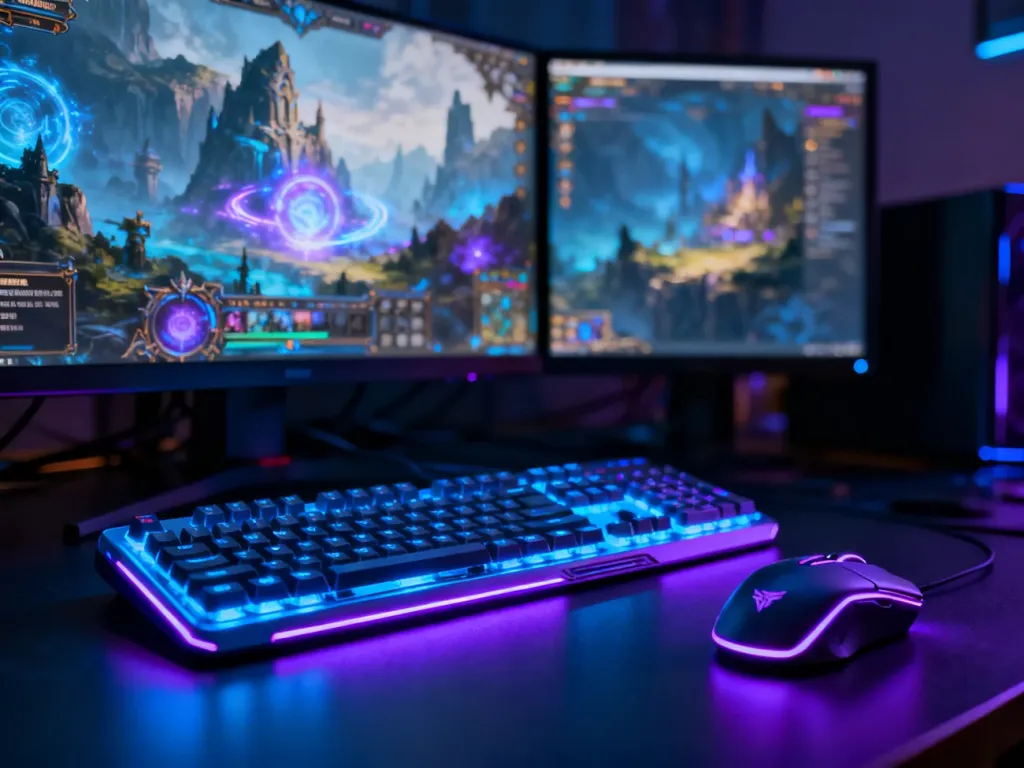Podświetlana klawiatura i mysz gamingowa na tle monitorów z interfejsem gry MMORPG w klimacie fantasy.