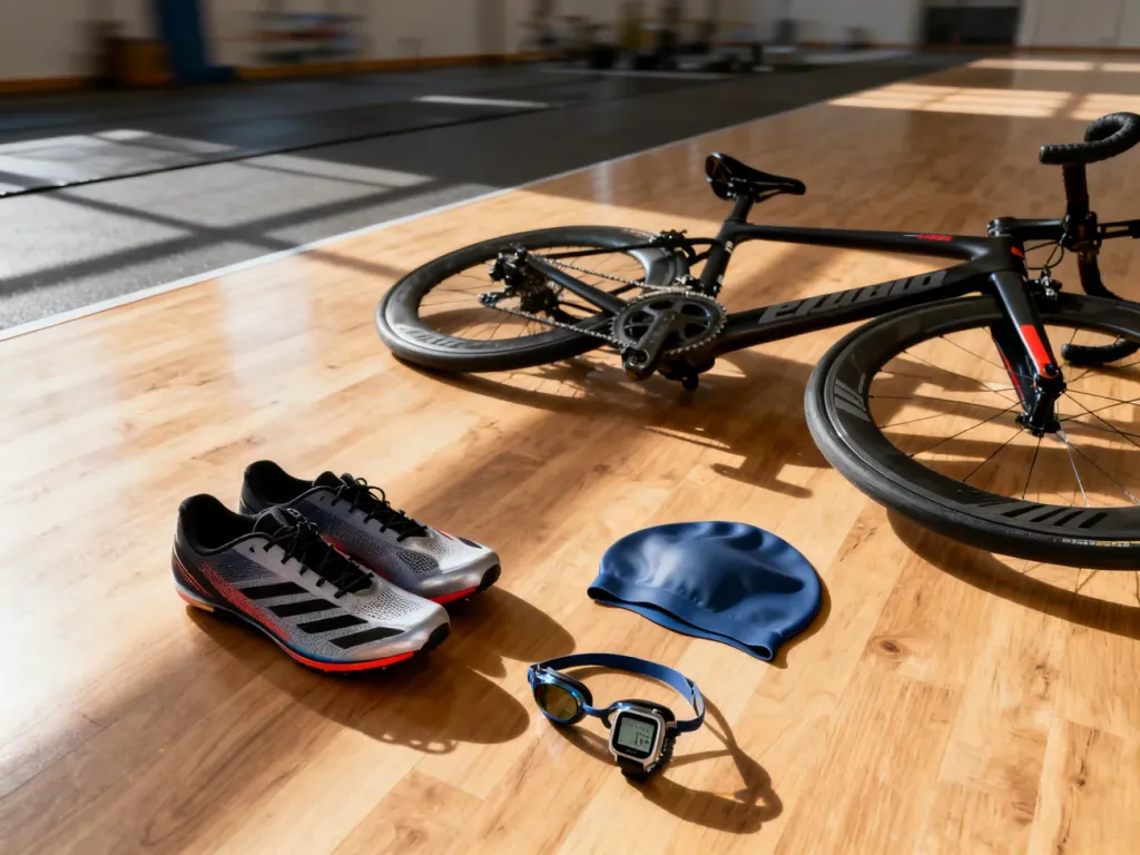 Profesjonalny sprzęt triathlonowy: rower szosowy, buty biegowe, okularki pływackie i zegarek sportowy przygotowane do treningu.