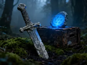 Starożytna mapa na drewnianym stole z zaznaczonymi magicznymi artefaktami, oświetlona blaskiem świecy w lochu.