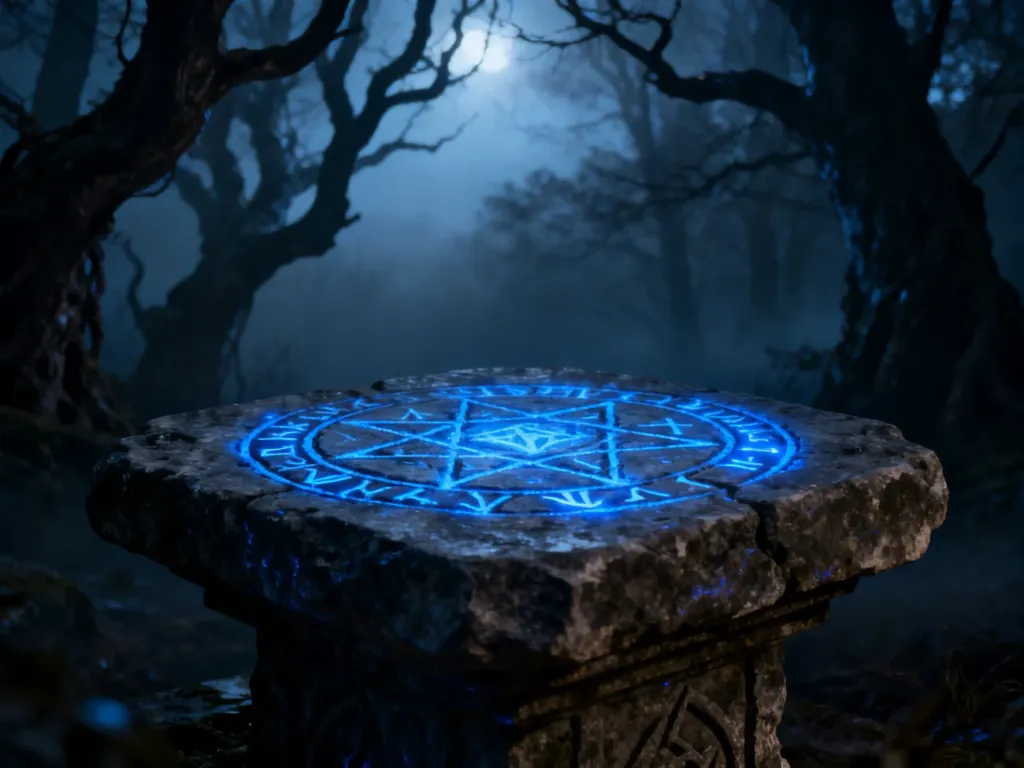 Starożytny kamienny ołtarz z jarzącymi się niebieskimi runami w mrocznym, mglistym lesie w klimacie dark fantasy.
