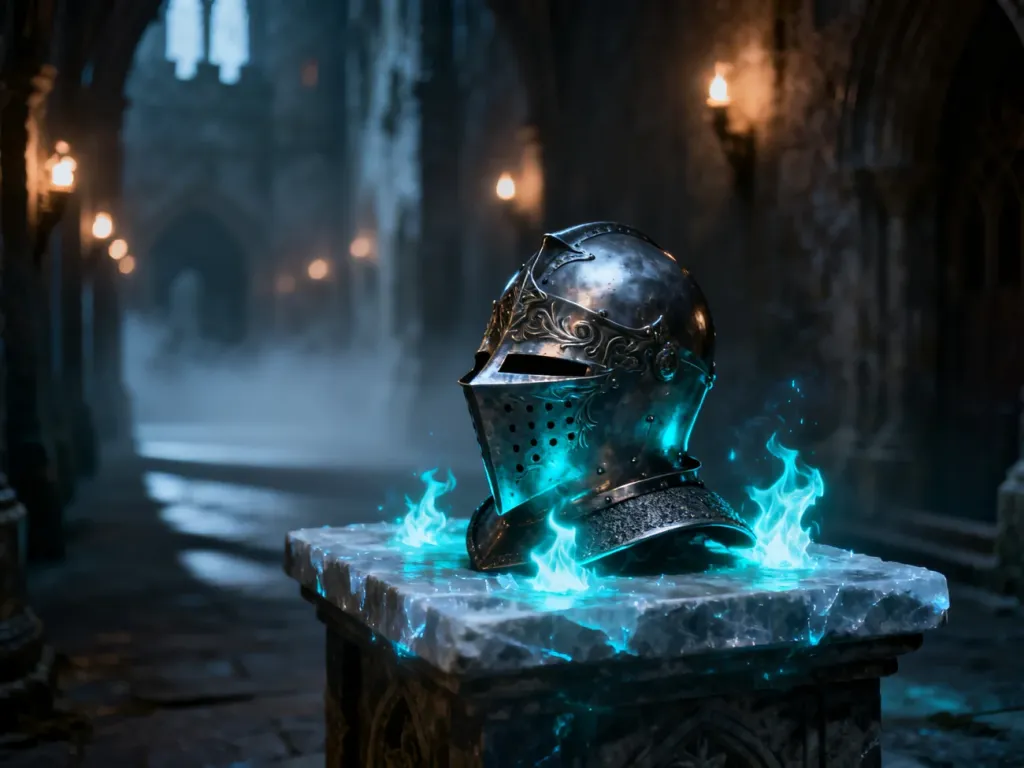 Ozdobny rycerski hełm na kamiennym ołtarzu w mrocznym, gotyckim korytarzu, utrzymany w klimacie gry Demon's Souls.