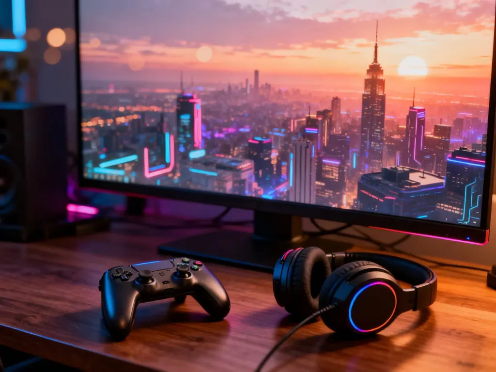 Nowoczesne stanowisko gracza z kontrolerem i słuchawkami przed monitorem wyświetlającym wirtualne miasto w GTA Online.