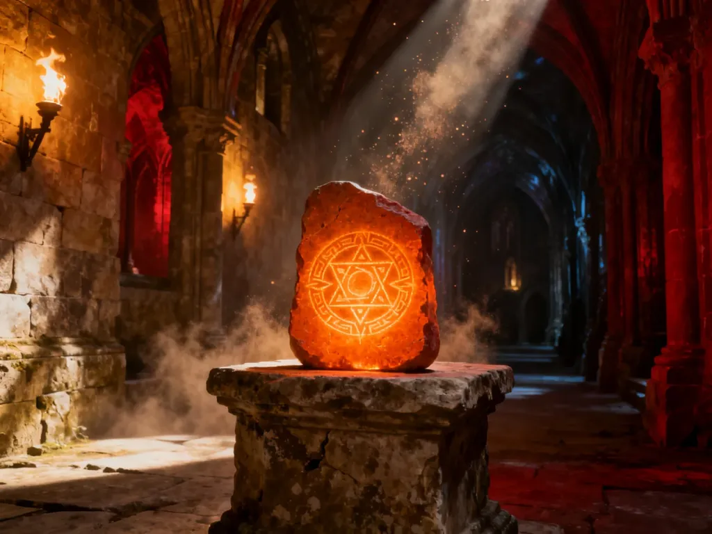 Kamienny piedestał z jarzącą się magiczną runą wewnątrz mrocznego klasztoru Magów Ognia.