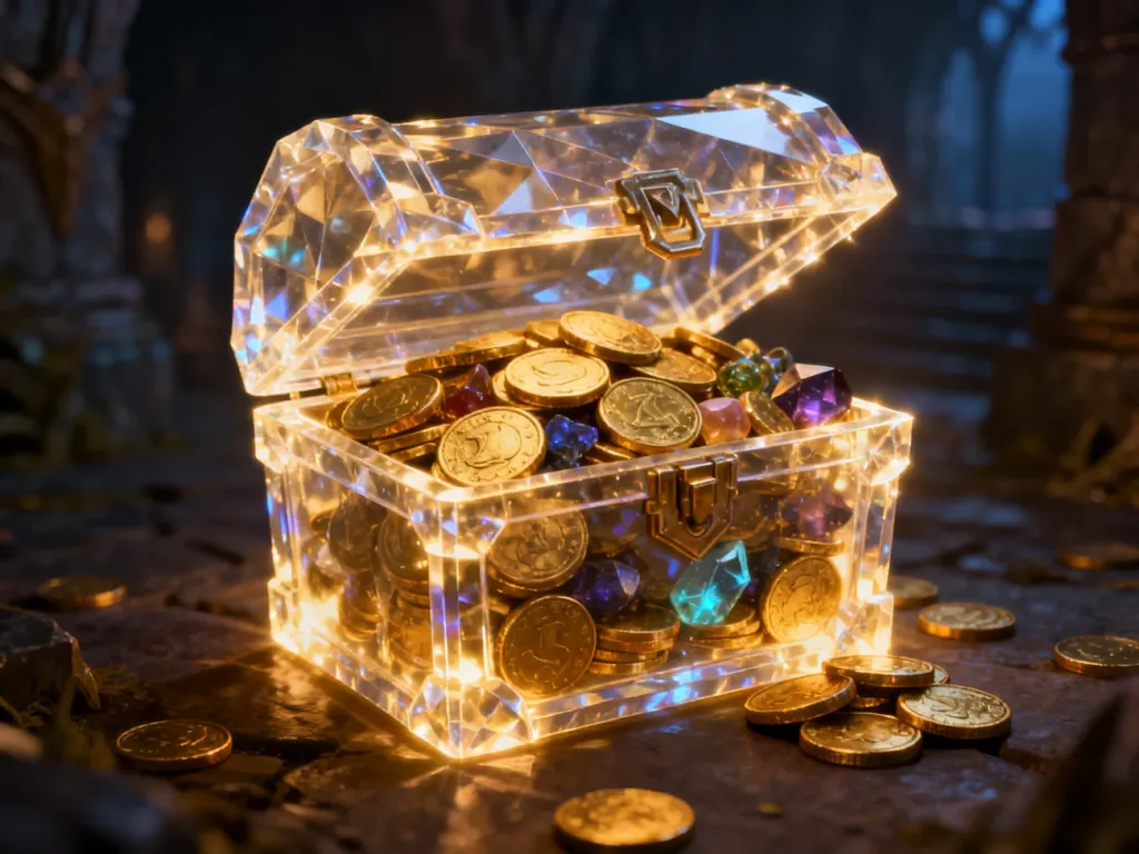 Ikona ekwipunku z błyszczącą skrzynią pełną złota i magicznych przedmiotów, symbolizująca cenne zasoby w grze.