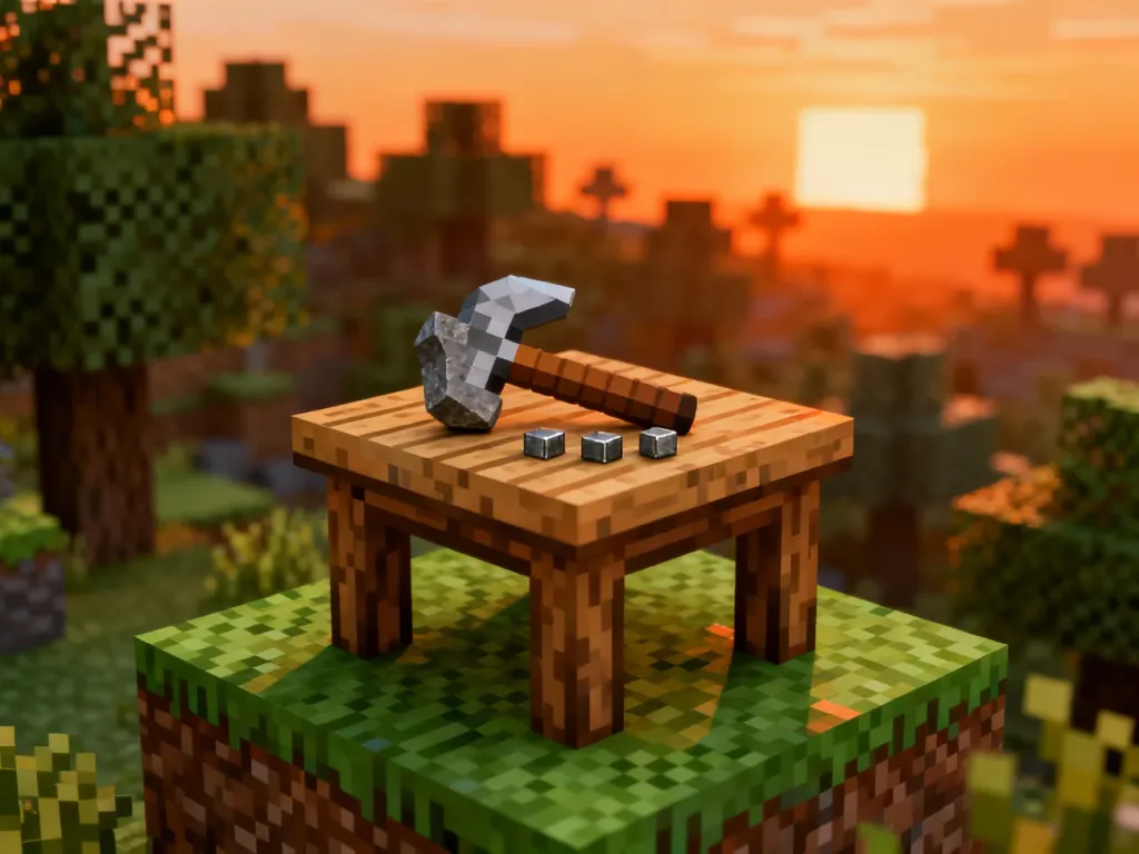Drewniany stół rzemieślniczy z kamiennym kilofem i sztabkami żelaza na tle zachodzącego słońca w świecie Minecraft.