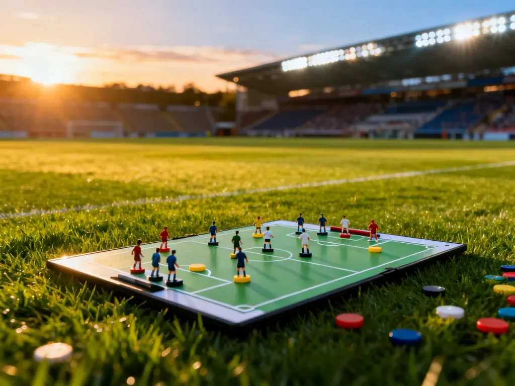 Tablica taktyczna z ustawieniem zawodników na tle oświetlonego stadionu, ilustrująca planowanie strategii drużyny.