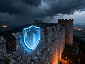 Starożytny miecz wbity w ołtarz w mrocznym lochu, otoczony magicznymi runami w klimacie dark fantasy.