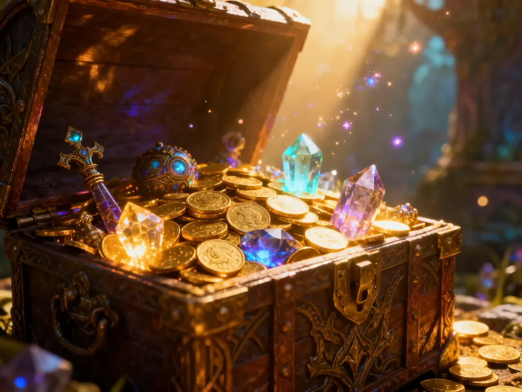 Otwarta, świecąca skrzynia skarbów wypełniona złotem i magicznymi artefaktami, symbolizująca zdobywanie łupów w grach.