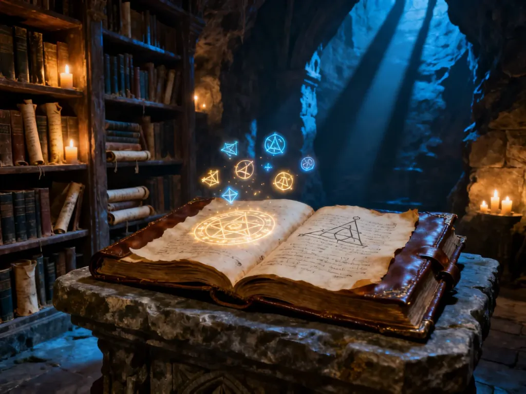 Otwarta księga zaklęć z lewitującymi runami na tle mrocznej biblioteki, symbolizująca naukę magii w grze Gothic 3.