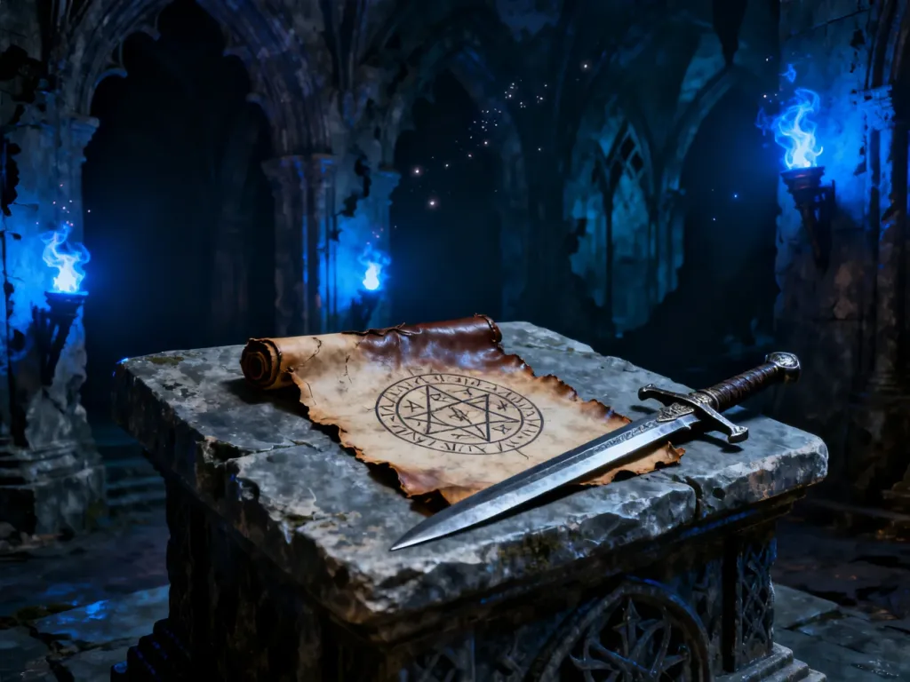 Kamienny ołtarz w mrocznym lochu z magicznym zwojem i mieczem, symbolizujący rozwój postaci w świecie Gothic.