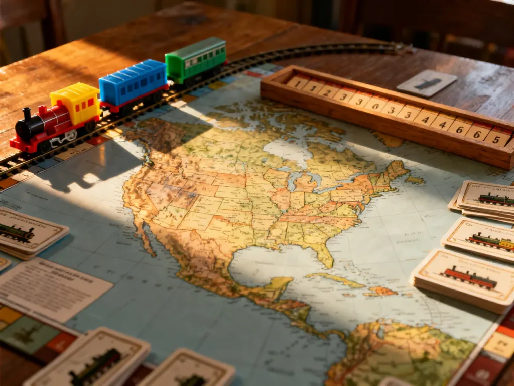 Plansza do gry Ticket to Ride z kolorowymi wagonikami i mapą Ameryki Północnej na drewnianym stole w ciepłym świetle.