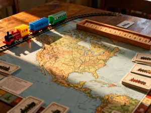 Drewniana plansza do gry w Scrabble z ułożonymi kafelkami liter w przytulnym, domowym wnętrzu.