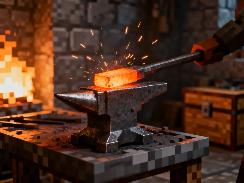 Stół rzemieślniczy w Minecraft, na którym powstaje kowadło z rozżarzonego żelaza w blasku iskier.