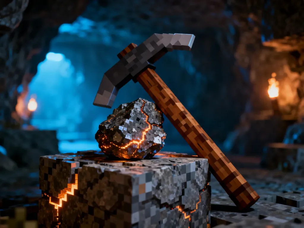 Drewniany kilof wbity w blok kamienia z widocznymi żyłami rudy żelaza w klimatycznej jaskini Minecrafta.