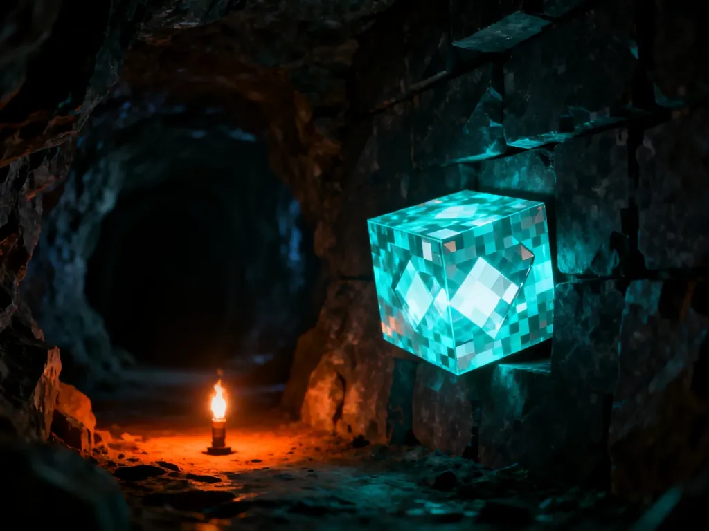 Świecąca ruda diamentu w ciemnej jaskini oświetlona pochodnią, podkreślająca klimat poszukiwań skarbów w Minecraft.