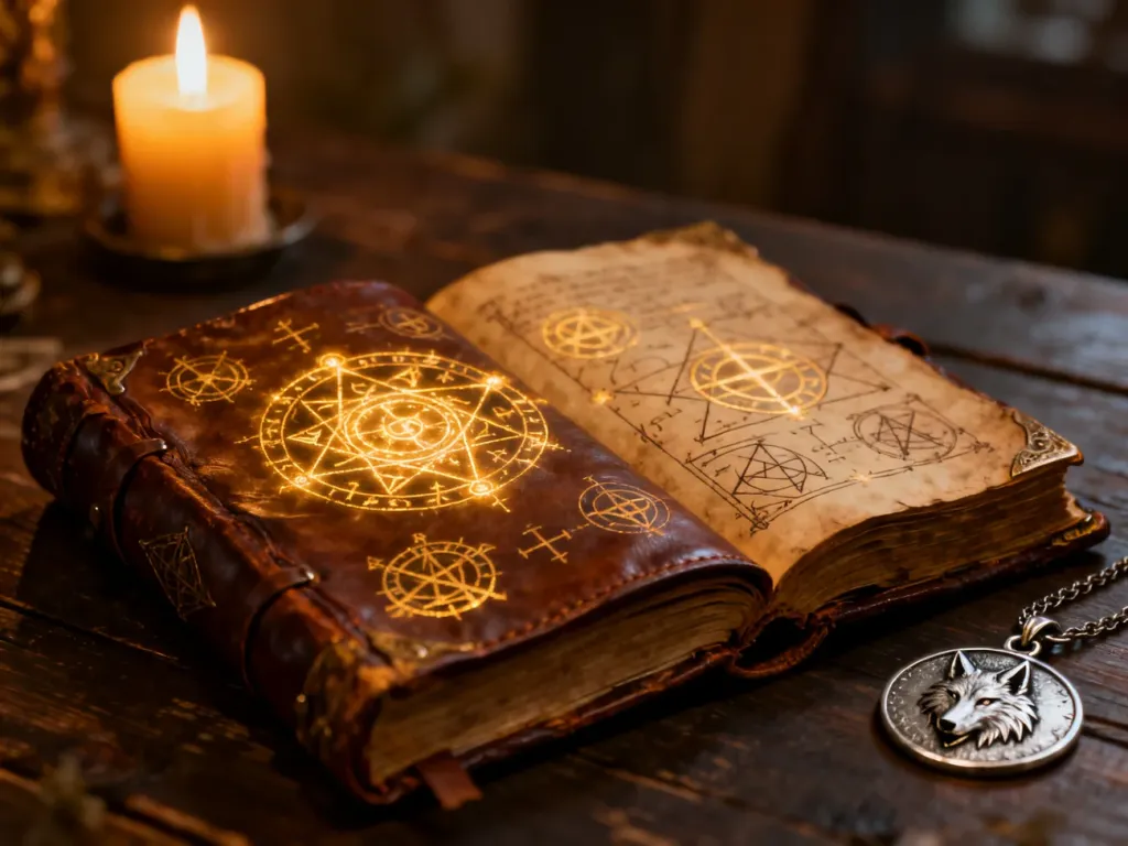 Otwarta księga z magicznymi runami i medalion wiedźmiński na drewnianym stole, nawiązujące do rozwoju postaci w grze.