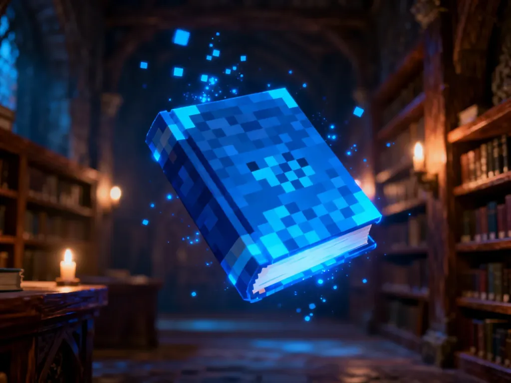 Świecąca, zaklęta księga z Minecrafta unosząca się w klimatycznej bibliotece, symbolizująca zdobycie rzadkiego ulepszenia.