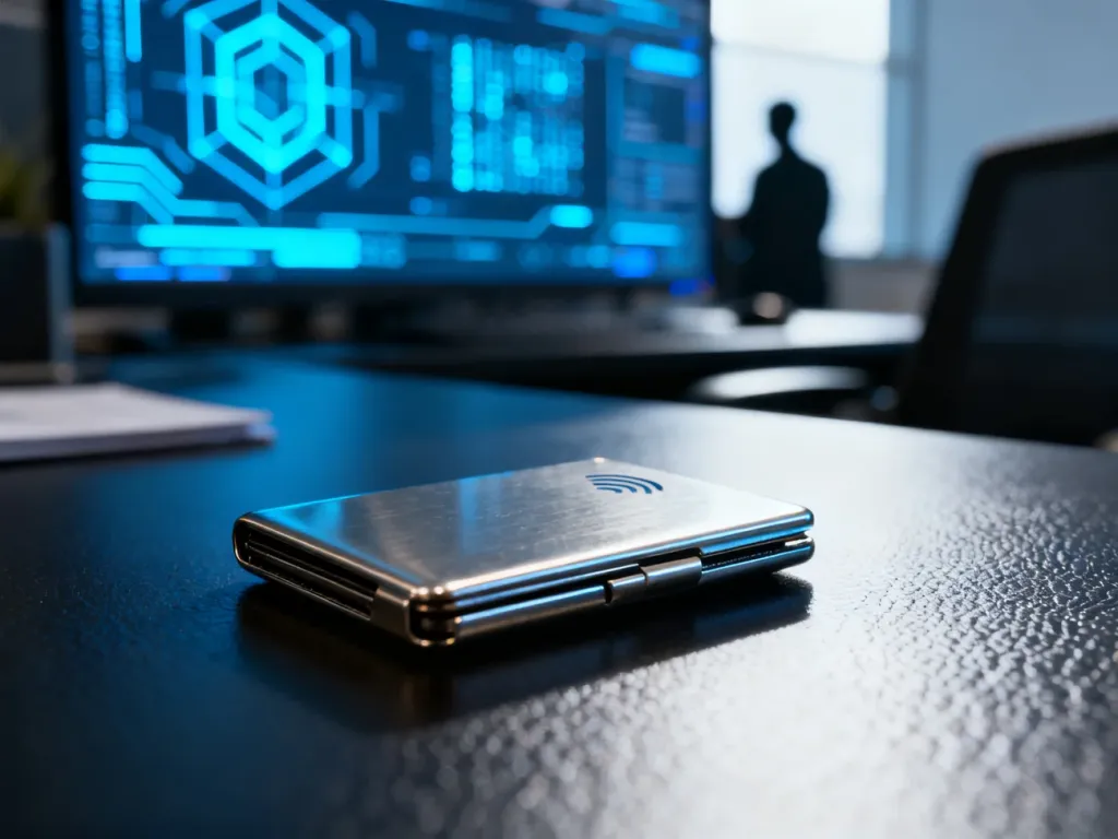 Metalowy portfel z blokadą RFID na biurku, symbolizujący ochronę kart płatniczych przed cyfrową kradzieżą danych.