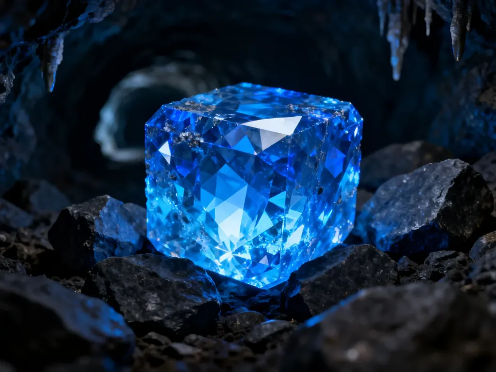 Świecąca ruda diamentu w ciemnej skale, wskazująca na miejsce występowania cennych surowców w podziemiach Minecrafta.